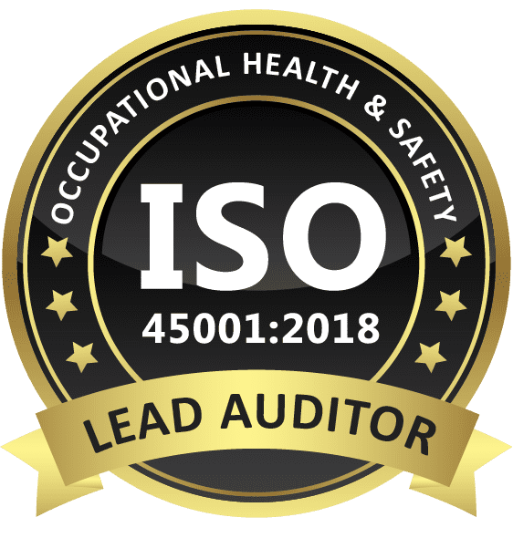 A gold and black seal that says iso 4 5 0 0 1 : 2 0 1 8 lead auditor