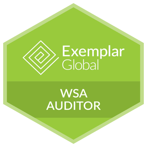 A green badge with the words " exemplar global wsa auditor ".