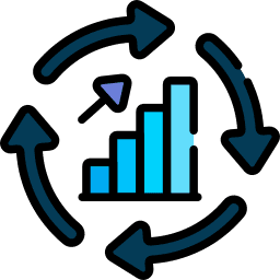 A blue bar graph with arrows around it.